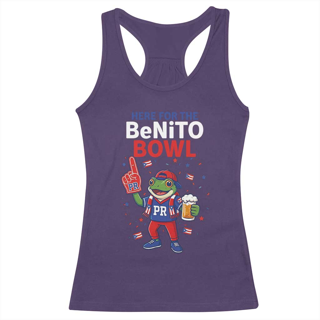 Funny Benito Bowl Puerto Rican Football Racerback Tank Top Coquí Frog Music Fan with Beer and Foam Finger