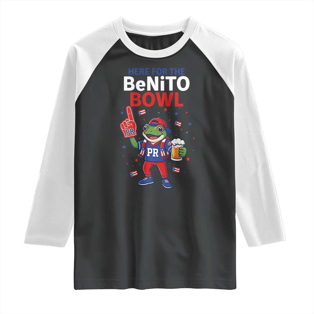 Funny Benito Bowl Puerto Rican Football Raglan Shirt Coquí Frog Music Fan with Beer and Foam Finger