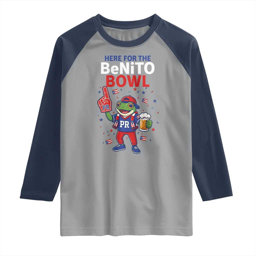 Funny Benito Bowl Puerto Rican Football Raglan Shirt Coquí Frog Music Fan with Beer and Foam Finger