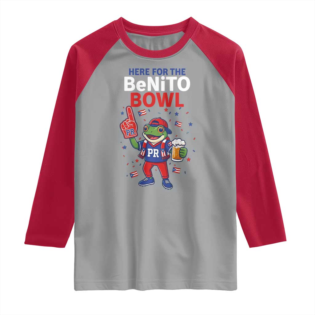 Funny Benito Bowl Puerto Rican Football Raglan Shirt Coquí Frog Music Fan with Beer and Foam Finger