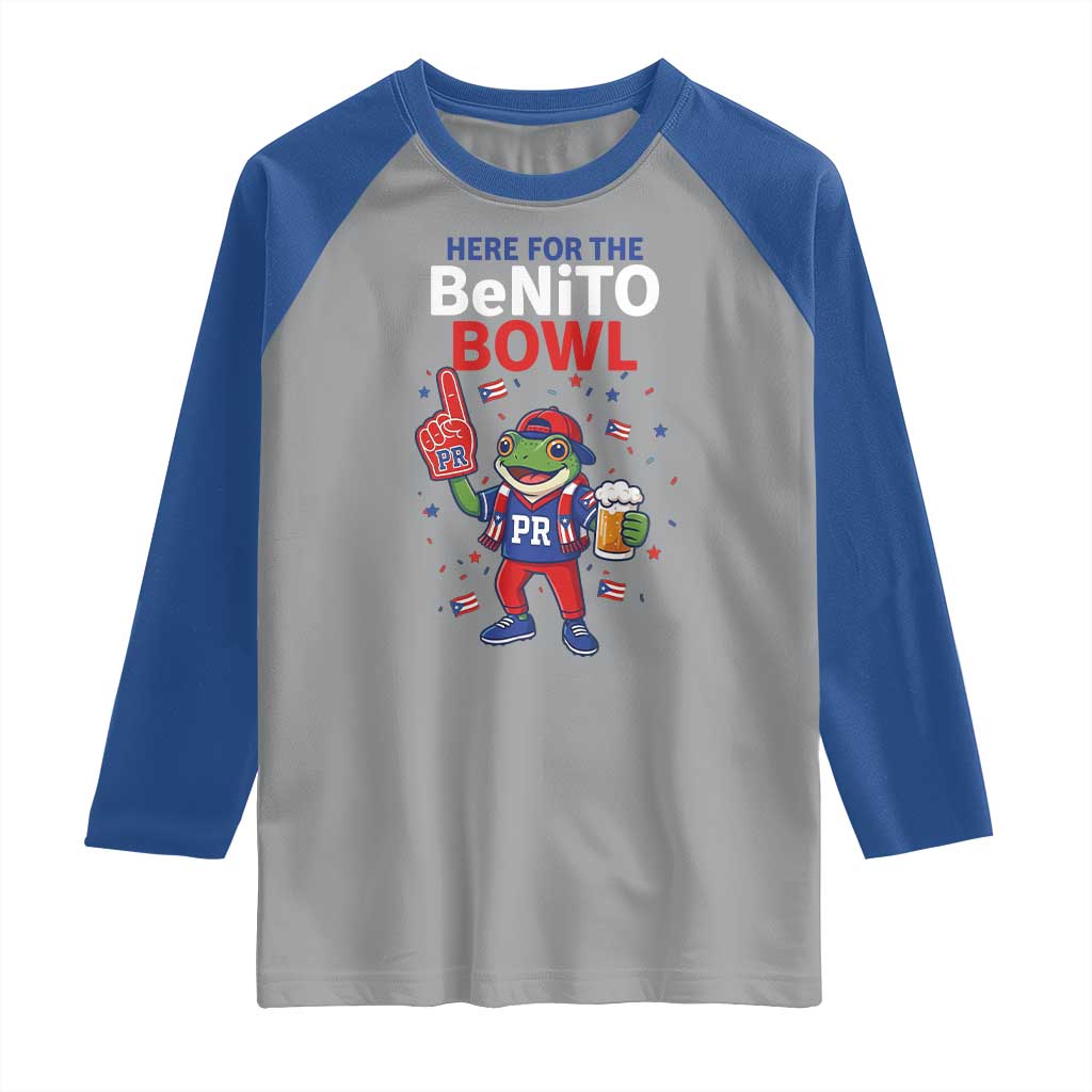 Funny Benito Bowl Puerto Rican Football Raglan Shirt Coquí Frog Music Fan with Beer and Foam Finger