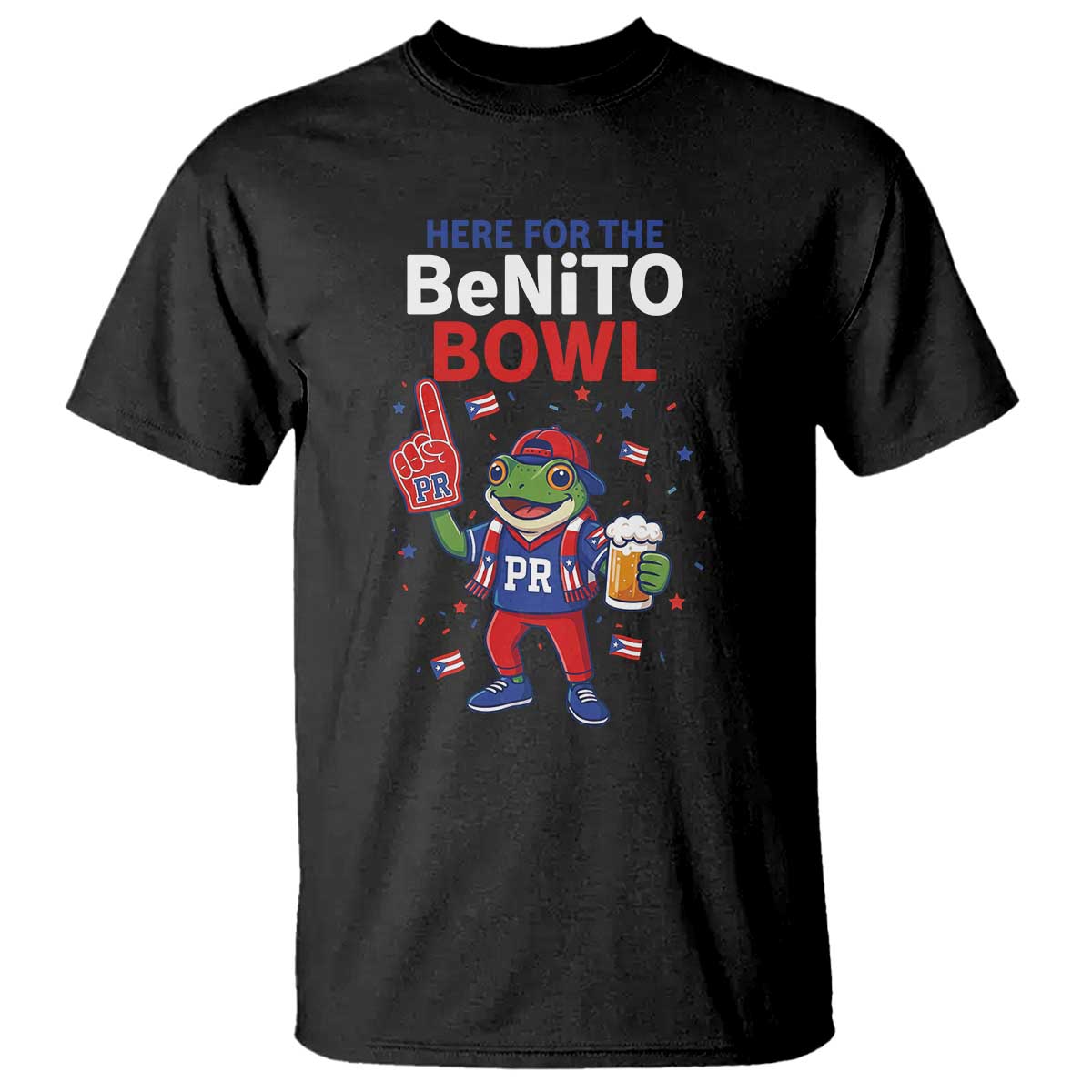 Funny Benito Bowl Puerto Rican Football T Shirt Coquí Frog Music Fan with Beer and Foam Finger