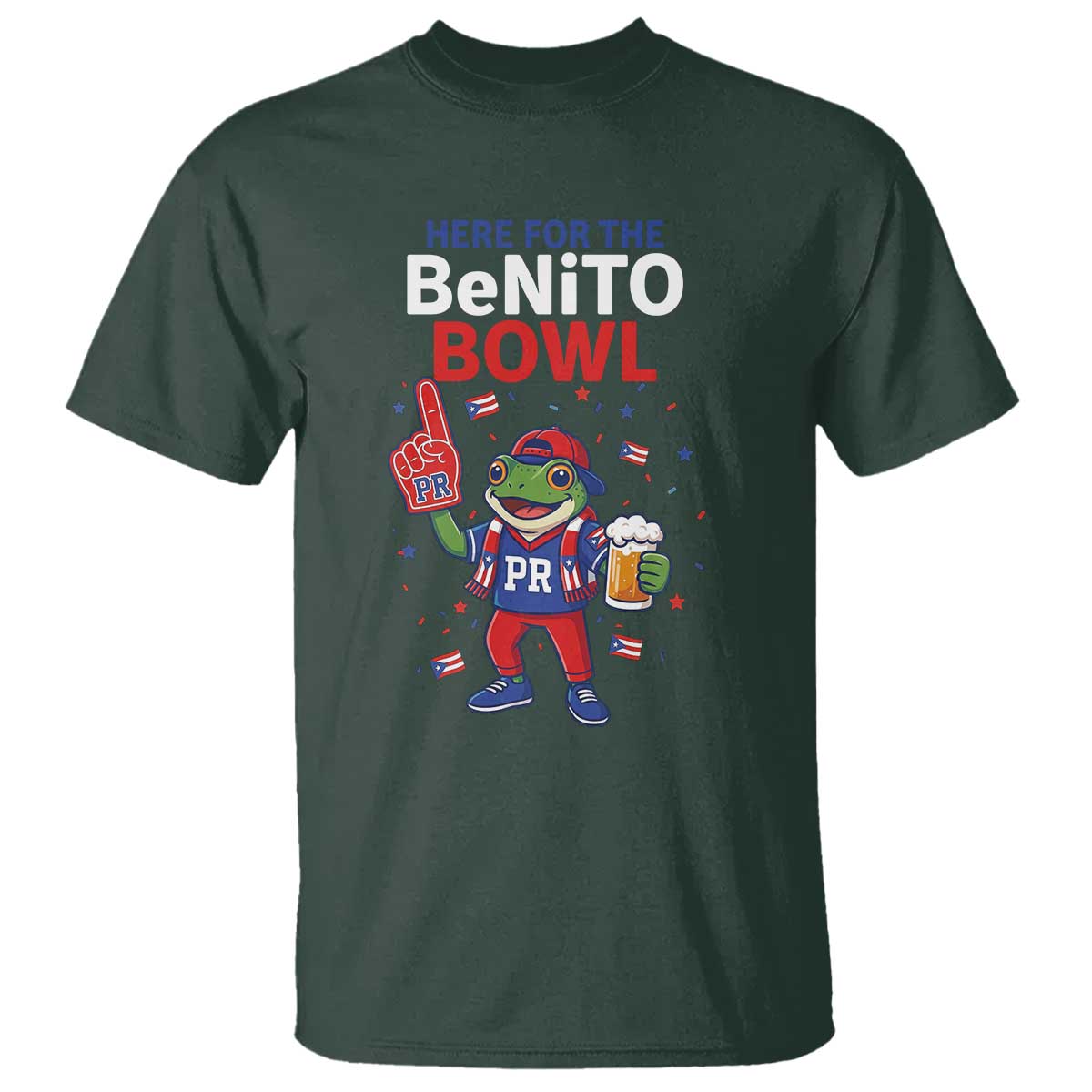 Funny Benito Bowl Puerto Rican Football T Shirt Coquí Frog Music Fan with Beer and Foam Finger
