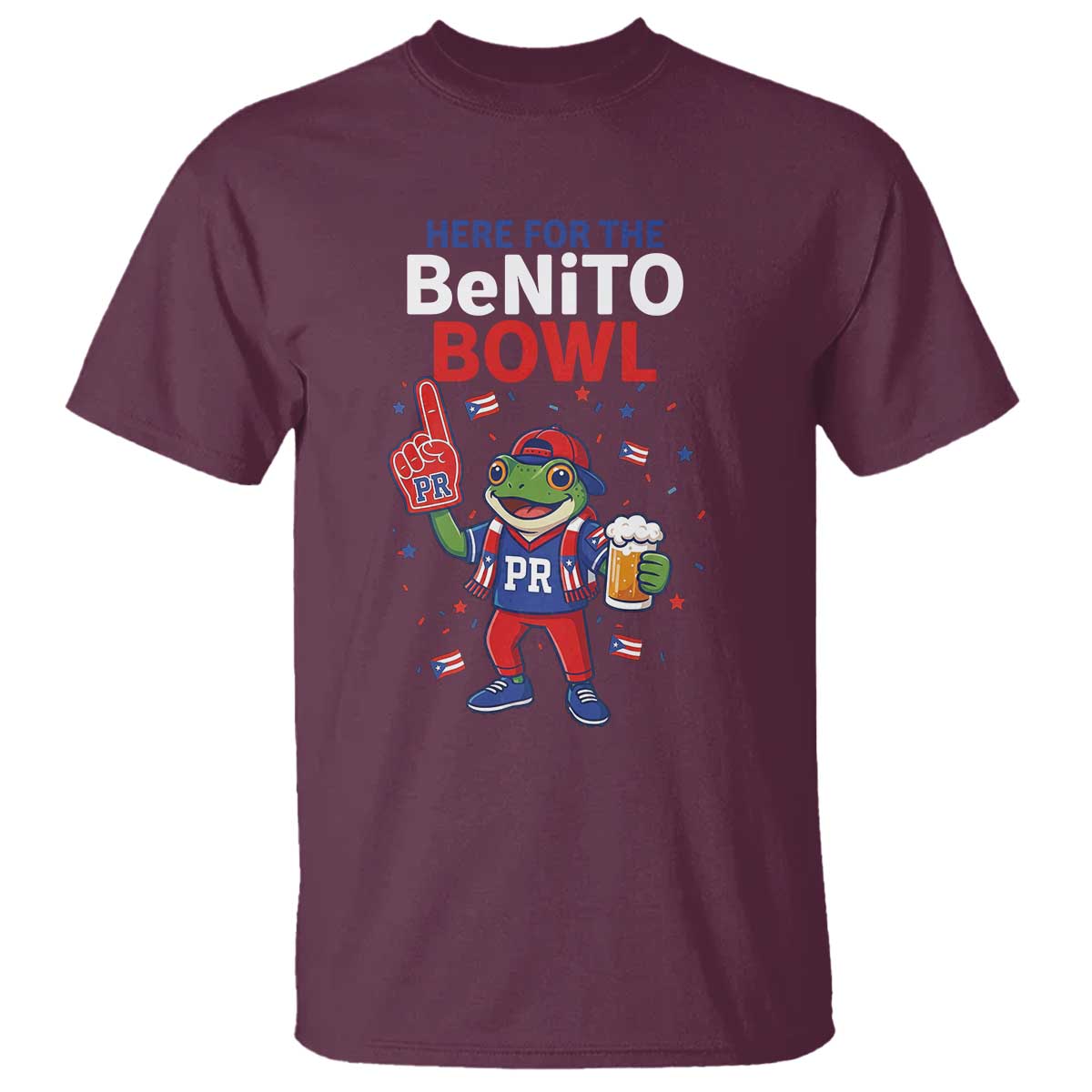Funny Benito Bowl Puerto Rican Football T Shirt Coquí Frog Music Fan with Beer and Foam Finger