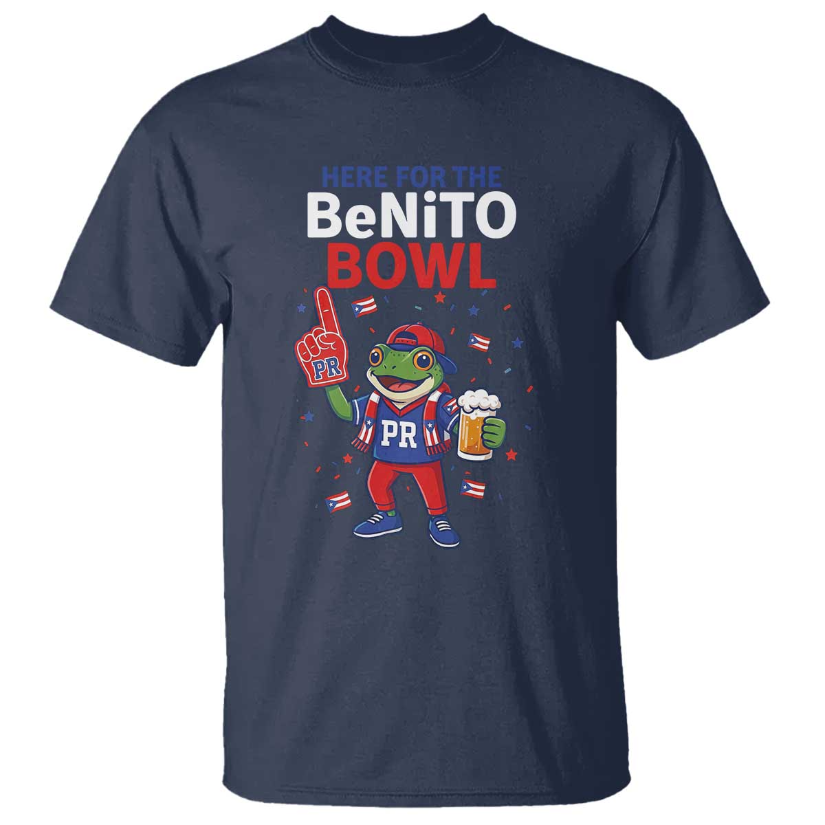 Funny Benito Bowl Puerto Rican Football T Shirt Coquí Frog Music Fan with Beer and Foam Finger