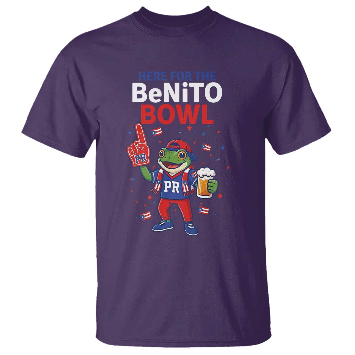 Funny Benito Bowl Puerto Rican Football T Shirt Coquí Frog Music Fan with Beer and Foam Finger