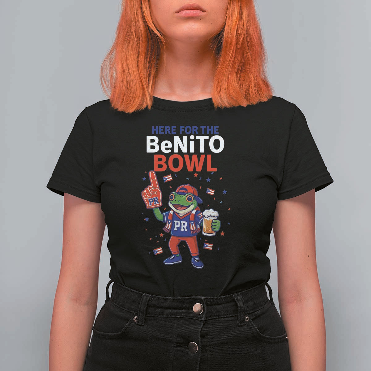 Funny Benito Bowl Puerto Rican Football T Shirt For Women Coquí Frog Music Fan with Beer and Foam Finger