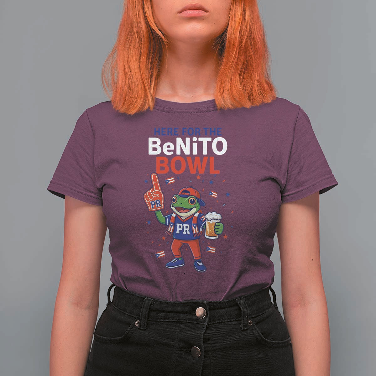 Funny Benito Bowl Puerto Rican Football T Shirt For Women Coquí Frog Music Fan with Beer and Foam Finger
