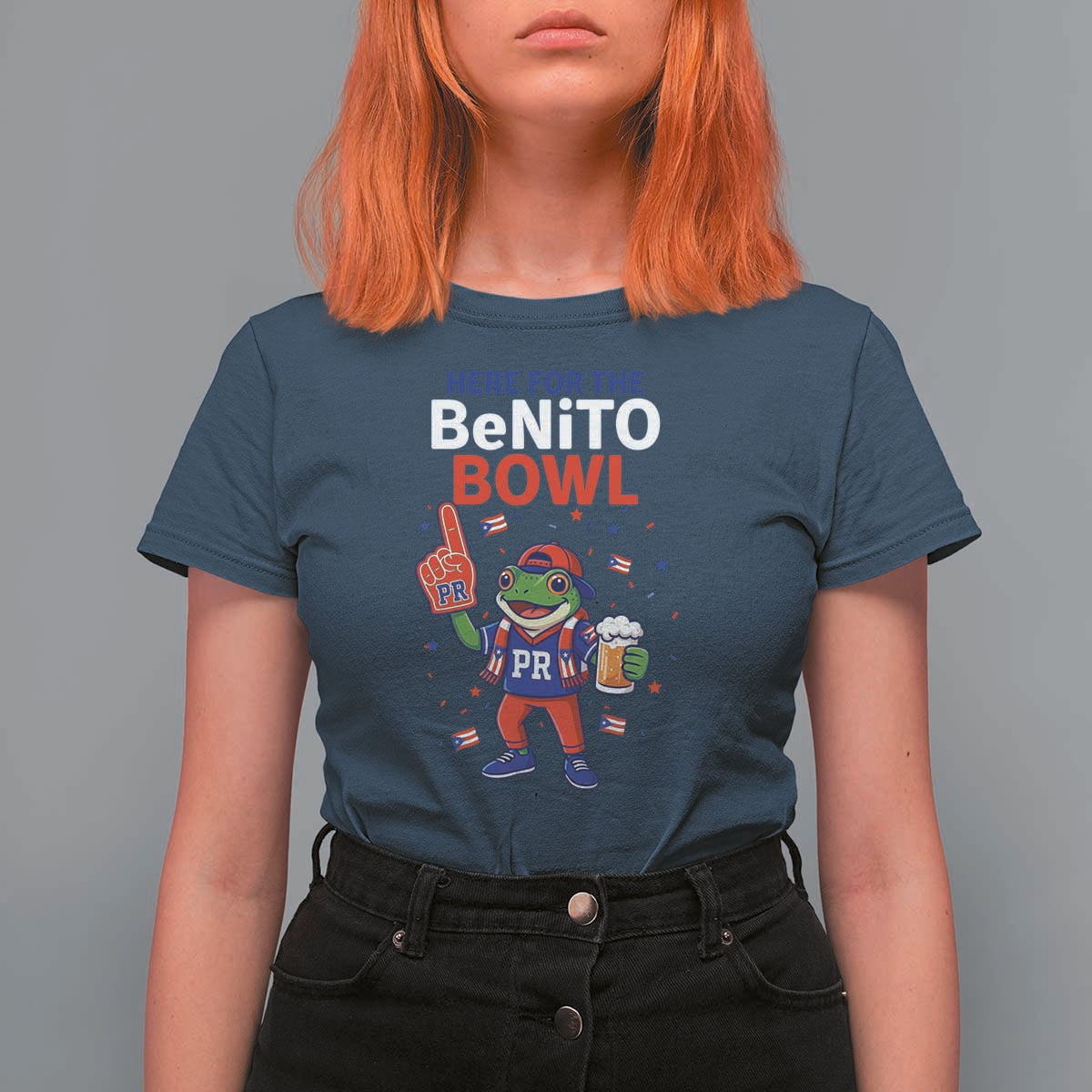 Funny Benito Bowl Puerto Rican Football T Shirt For Women Coquí Frog Music Fan with Beer and Foam Finger