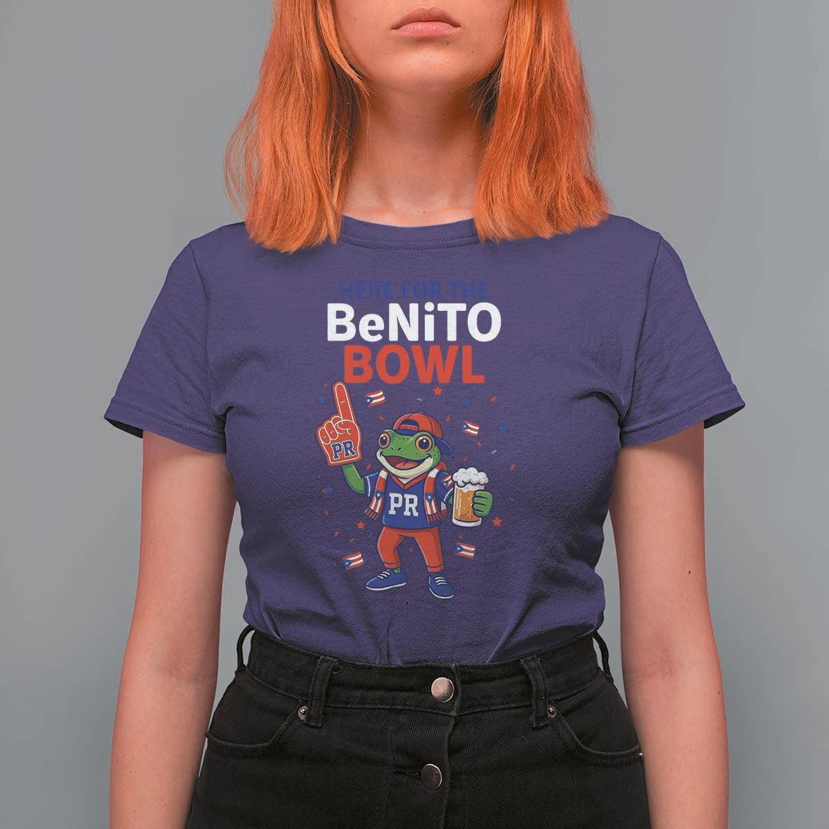 Funny Benito Bowl Puerto Rican Football T Shirt For Women Coquí Frog Music Fan with Beer and Foam Finger
