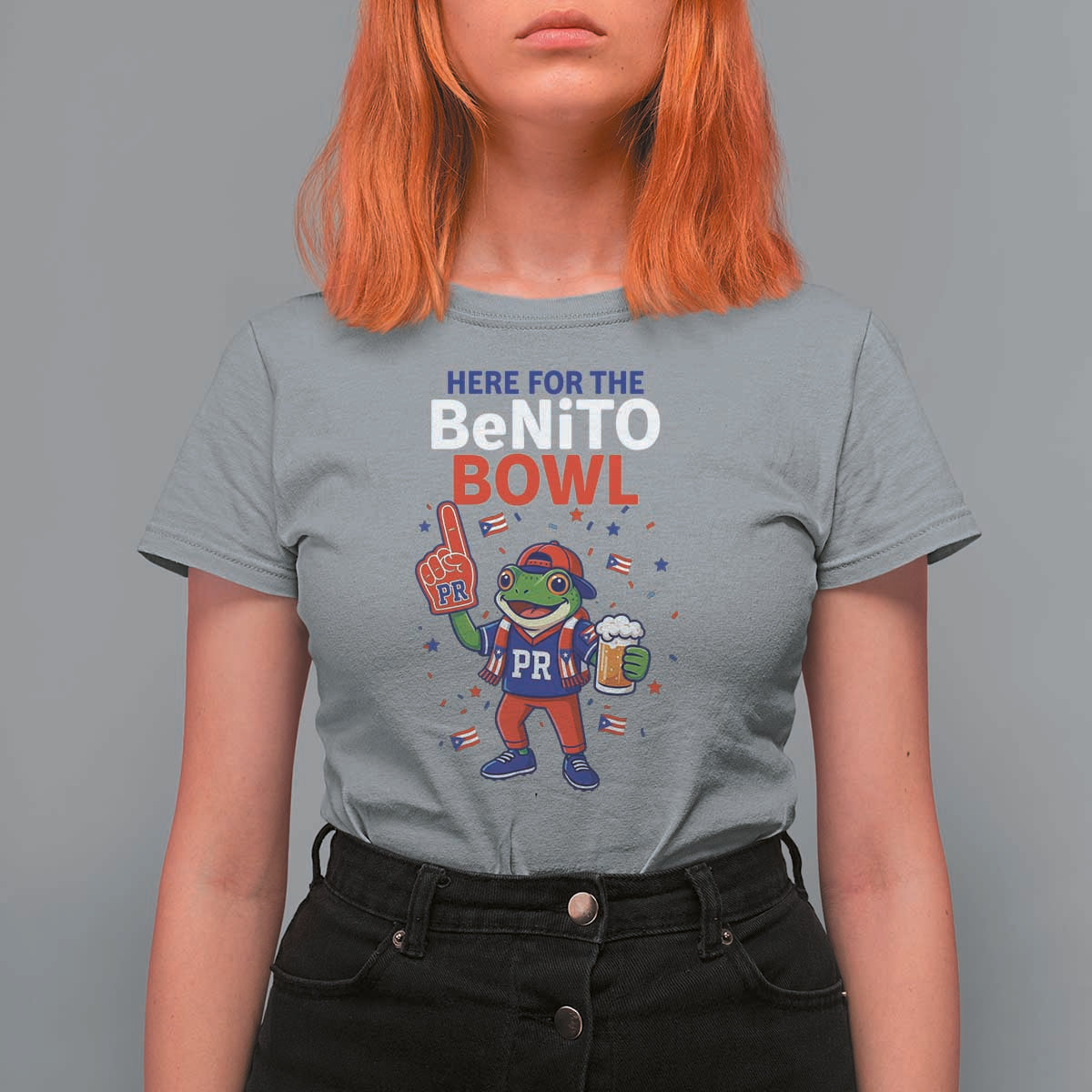 Funny Benito Bowl Puerto Rican Football T Shirt For Women Coquí Frog Music Fan with Beer and Foam Finger