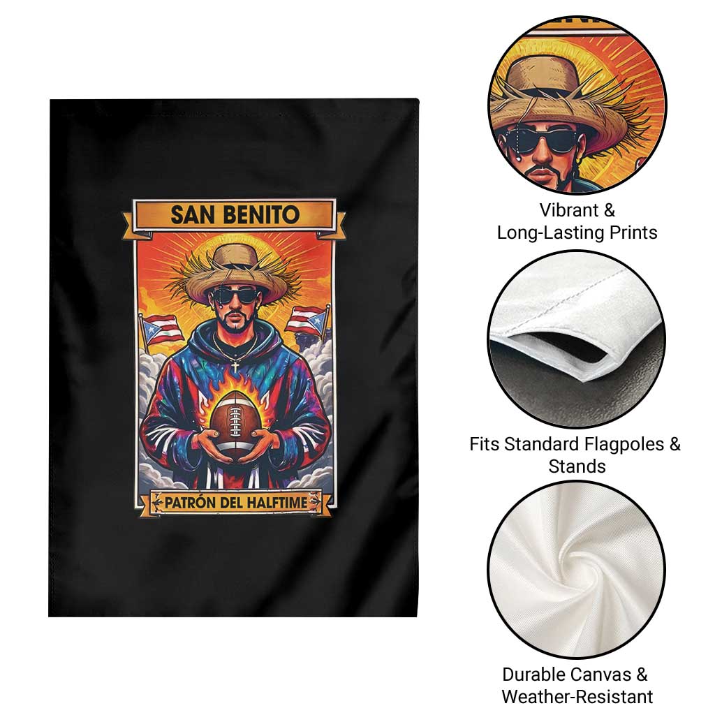 Funny San Benito Patron del Halftime Garden Flag Bowl 2026 Puerto Rican Football Music Fan