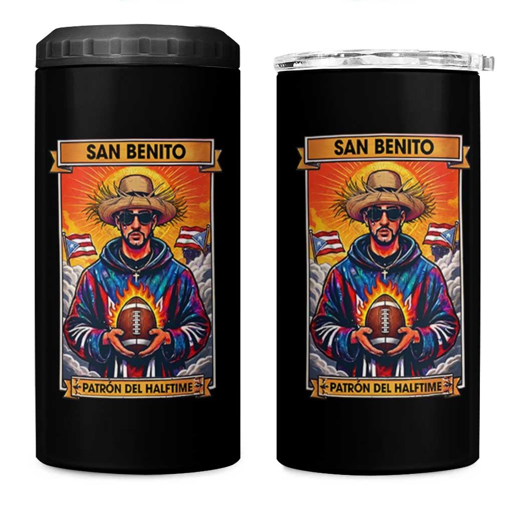 Funny San Benito Patron del Halftime 4 in 1 Can Cooler Tumbler Bowl 2026 Puerto Rican Football Music Fan