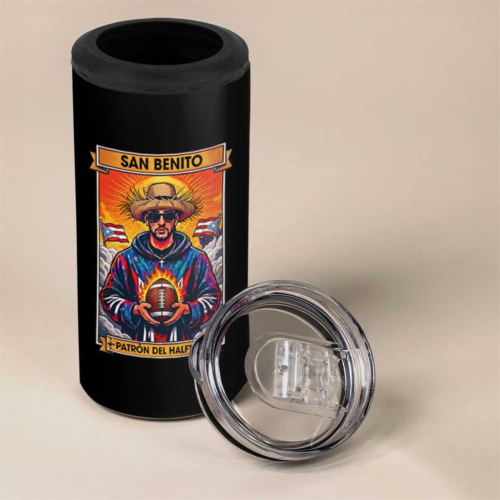 Funny San Benito Patron del Halftime 4 in 1 Can Cooler Tumbler Bowl 2026 Puerto Rican Football Music Fan