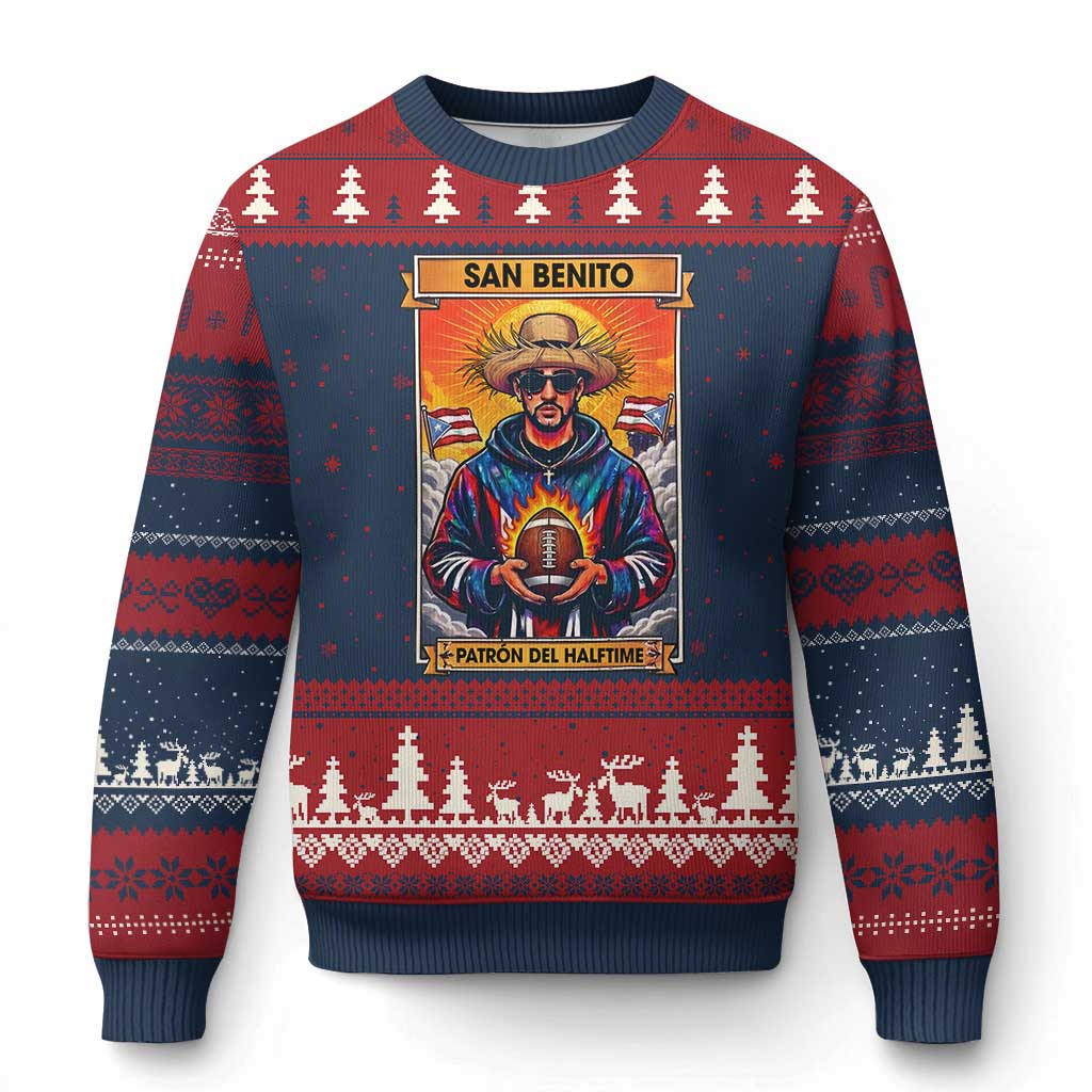 Funny San Benito Patron del Halftime Ugly Christmas Sweater Bowl 2026 Puerto Rican Football Music Fan