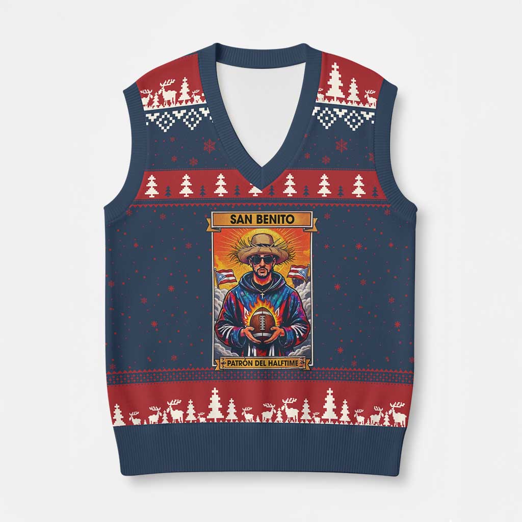 Funny San Benito Patron del Halftime V-Neck Knit Sweater Vest Bowl 2026 Puerto Rican Football Music Fan