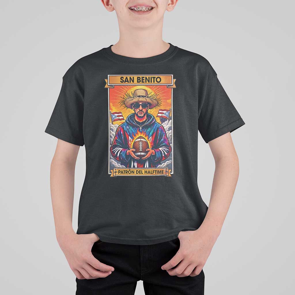 Funny San Benito Patron del Halftime T Shirt For Kid Bowl 2026 Puerto Rican Football Music Fan