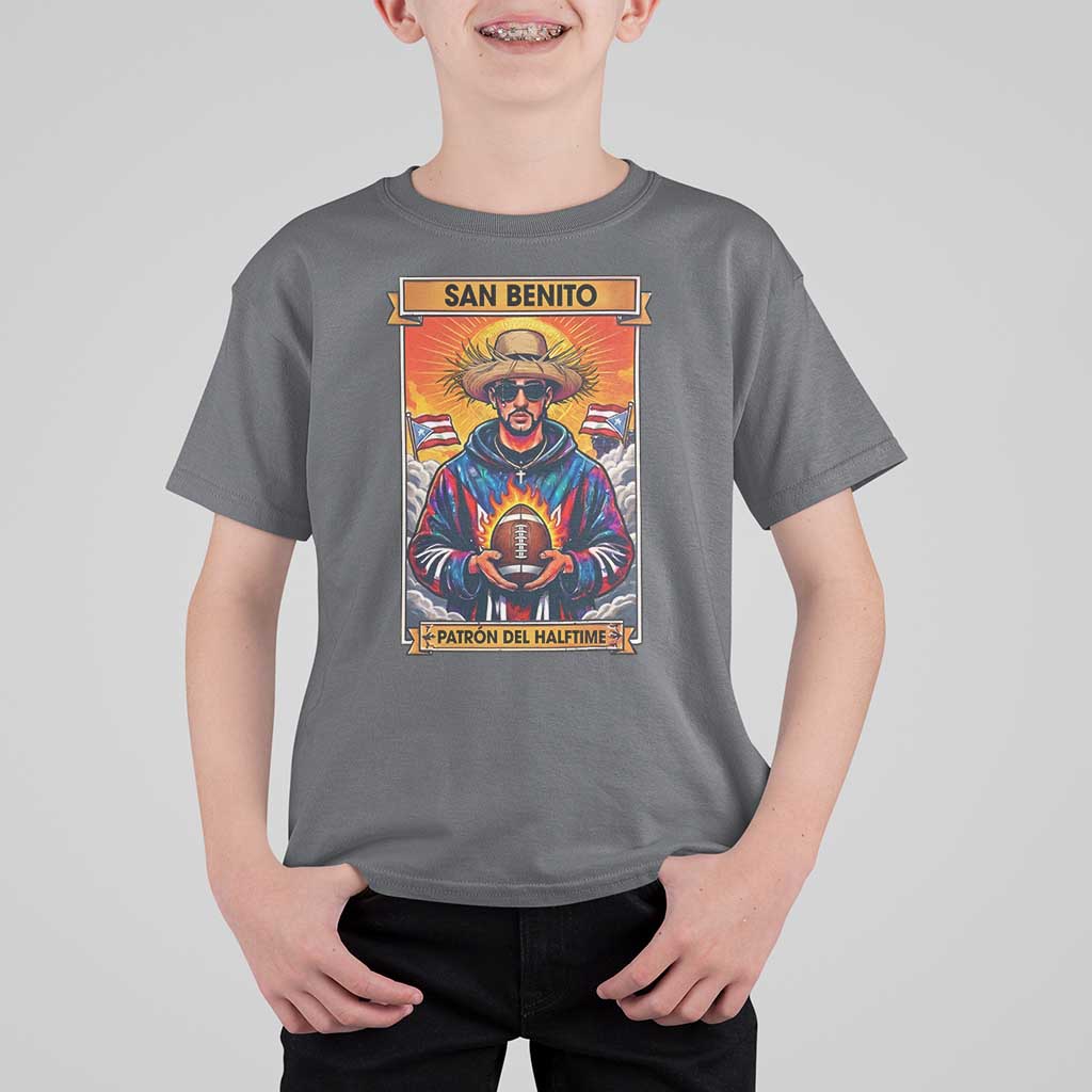 Funny San Benito Patron del Halftime T Shirt For Kid Bowl 2026 Puerto Rican Football Music Fan