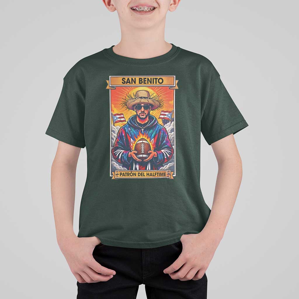 Funny San Benito Patron del Halftime T Shirt For Kid Bowl 2026 Puerto Rican Football Music Fan