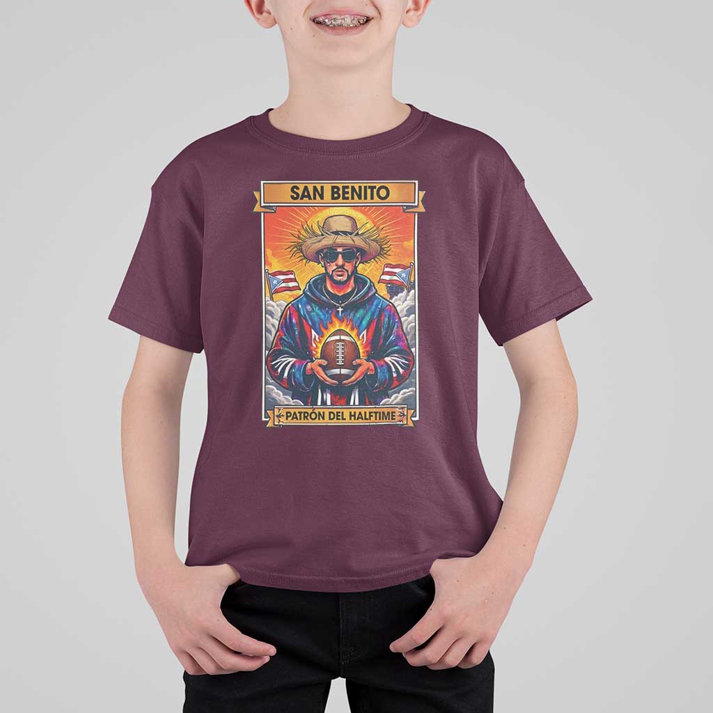 Funny San Benito Patron del Halftime T Shirt For Kid Bowl 2026 Puerto Rican Football Music Fan