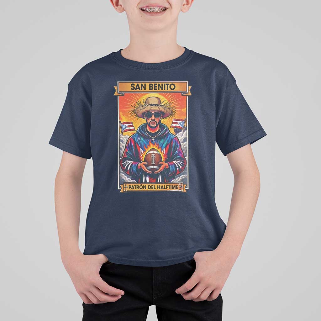 Funny San Benito Patron del Halftime T Shirt For Kid Bowl 2026 Puerto Rican Football Music Fan