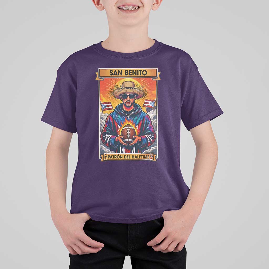 Funny San Benito Patron del Halftime T Shirt For Kid Bowl 2026 Puerto Rican Football Music Fan
