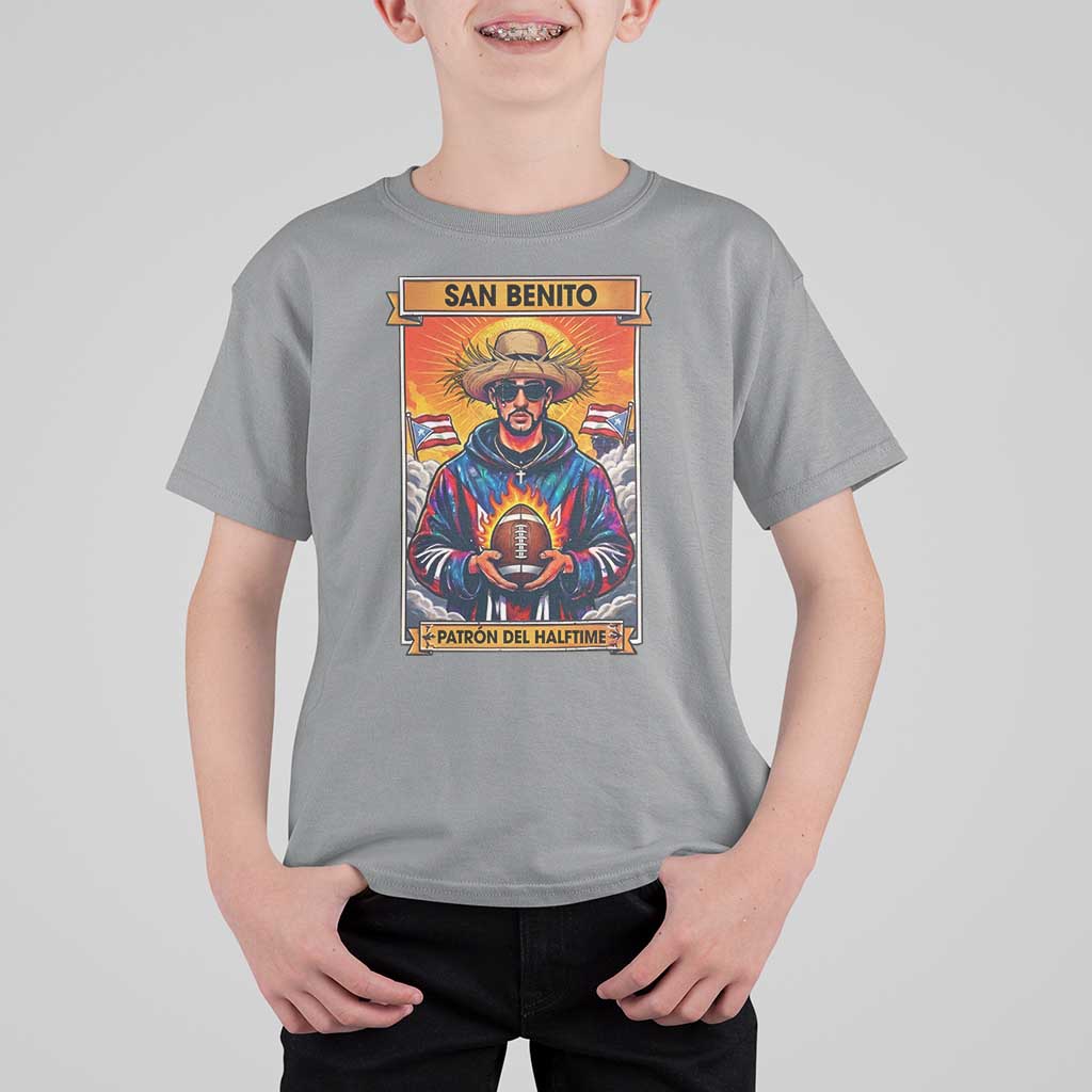 Funny San Benito Patron del Halftime T Shirt For Kid Bowl 2026 Puerto Rican Football Music Fan