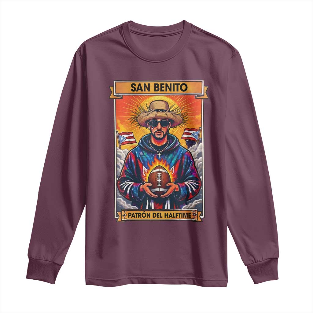 Funny San Benito Patron del Halftime Long Sleeve Shirt Bowl 2026 Puerto Rican Football Music Fan
