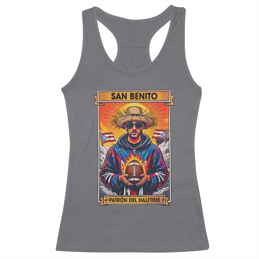 Funny San Benito Patron del Halftime Racerback Tank Top Bowl 2026 Puerto Rican Football Music Fan