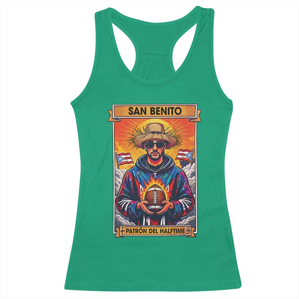 Funny San Benito Patron del Halftime Racerback Tank Top Bowl 2026 Puerto Rican Football Music Fan