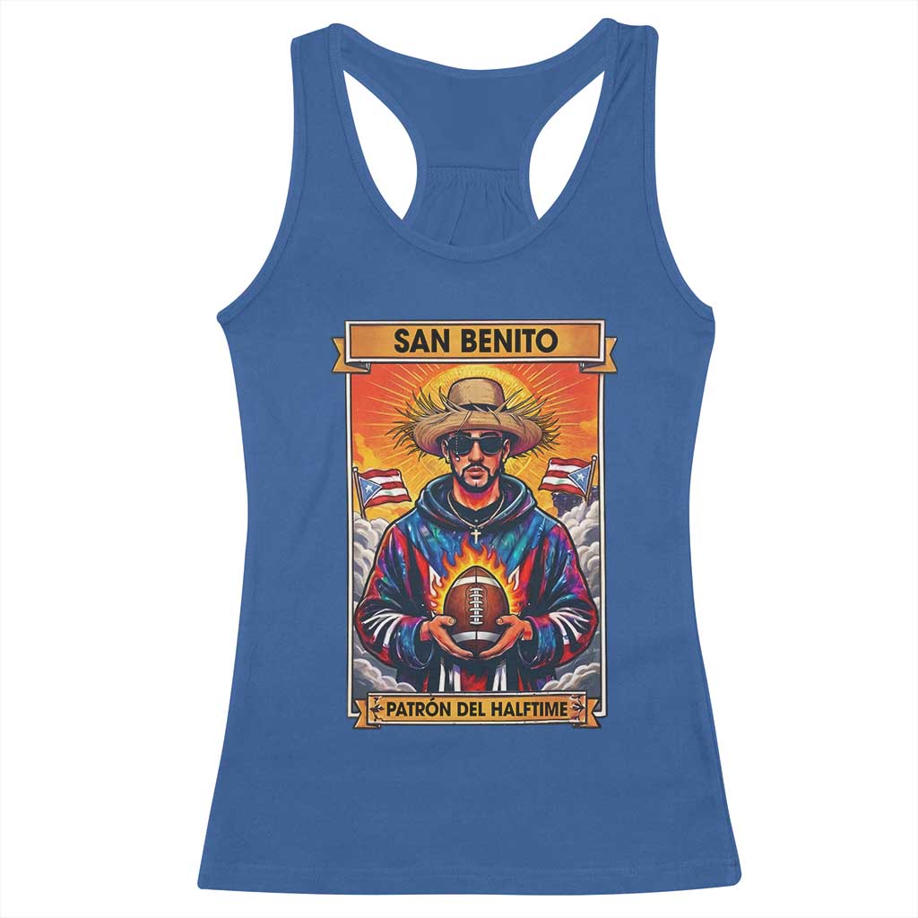 Funny San Benito Patron del Halftime Racerback Tank Top Bowl 2026 Puerto Rican Football Music Fan