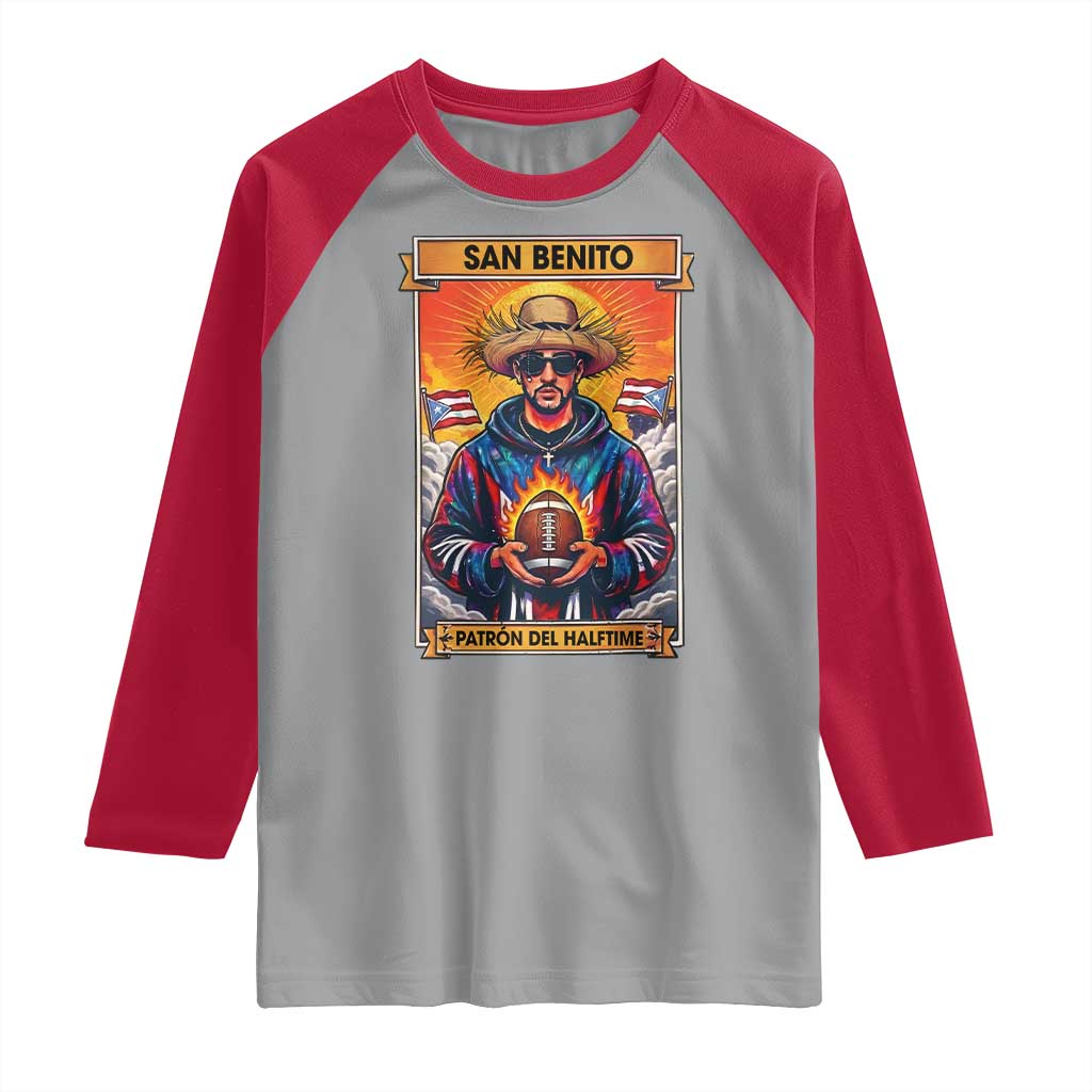 Funny San Benito Patron del Halftime Raglan Shirt Bowl 2026 Puerto Rican Football Music Fan