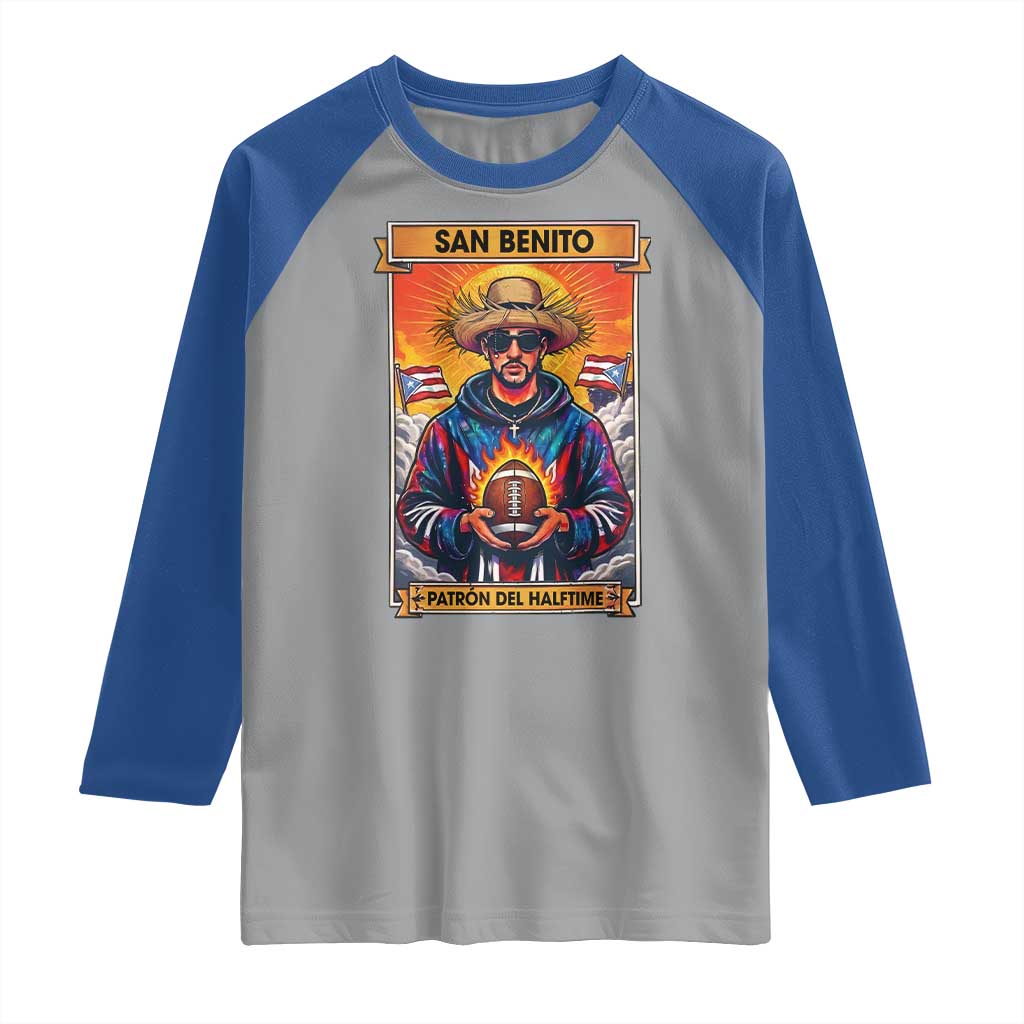 Funny San Benito Patron del Halftime Raglan Shirt Bowl 2026 Puerto Rican Football Music Fan