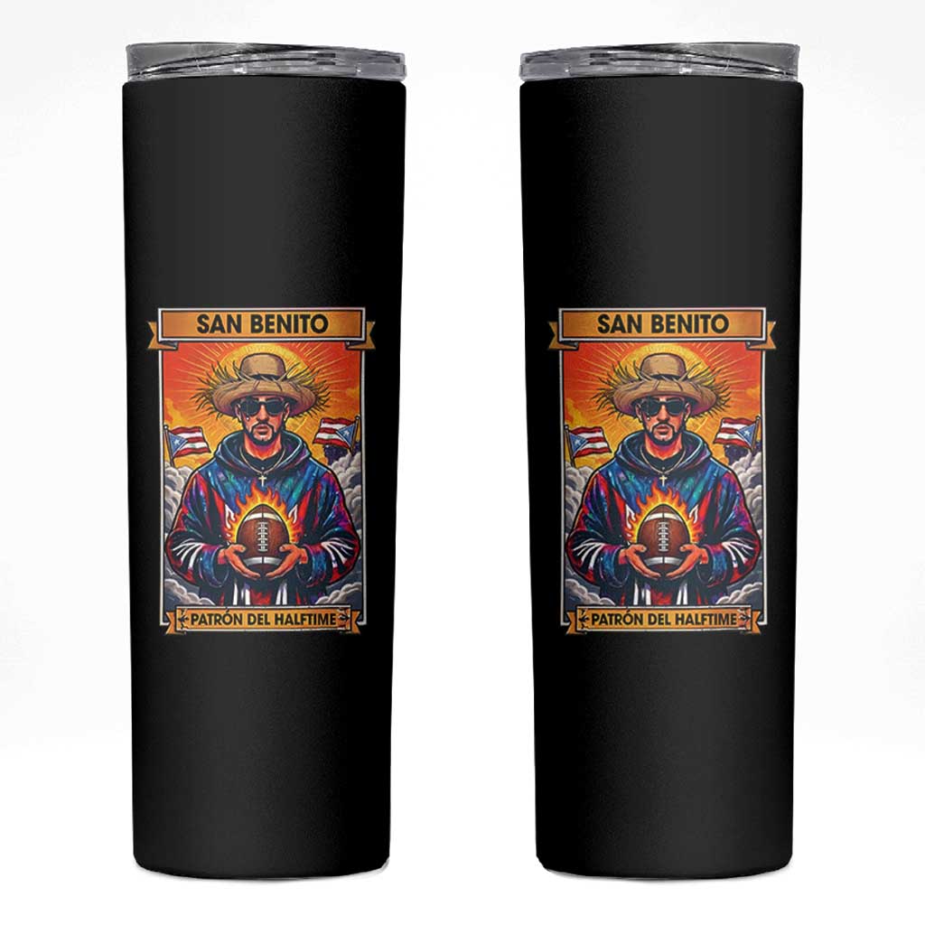 Funny San Benito Patron del Halftime Skinny Tumbler Bowl 2026 Puerto Rican Football Music Fan