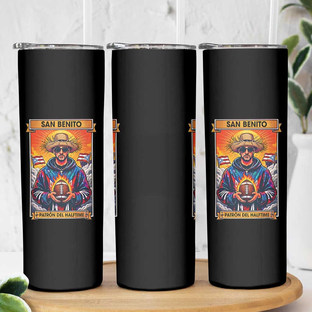Funny San Benito Patron del Halftime Skinny Tumbler Bowl 2026 Puerto Rican Football Music Fan