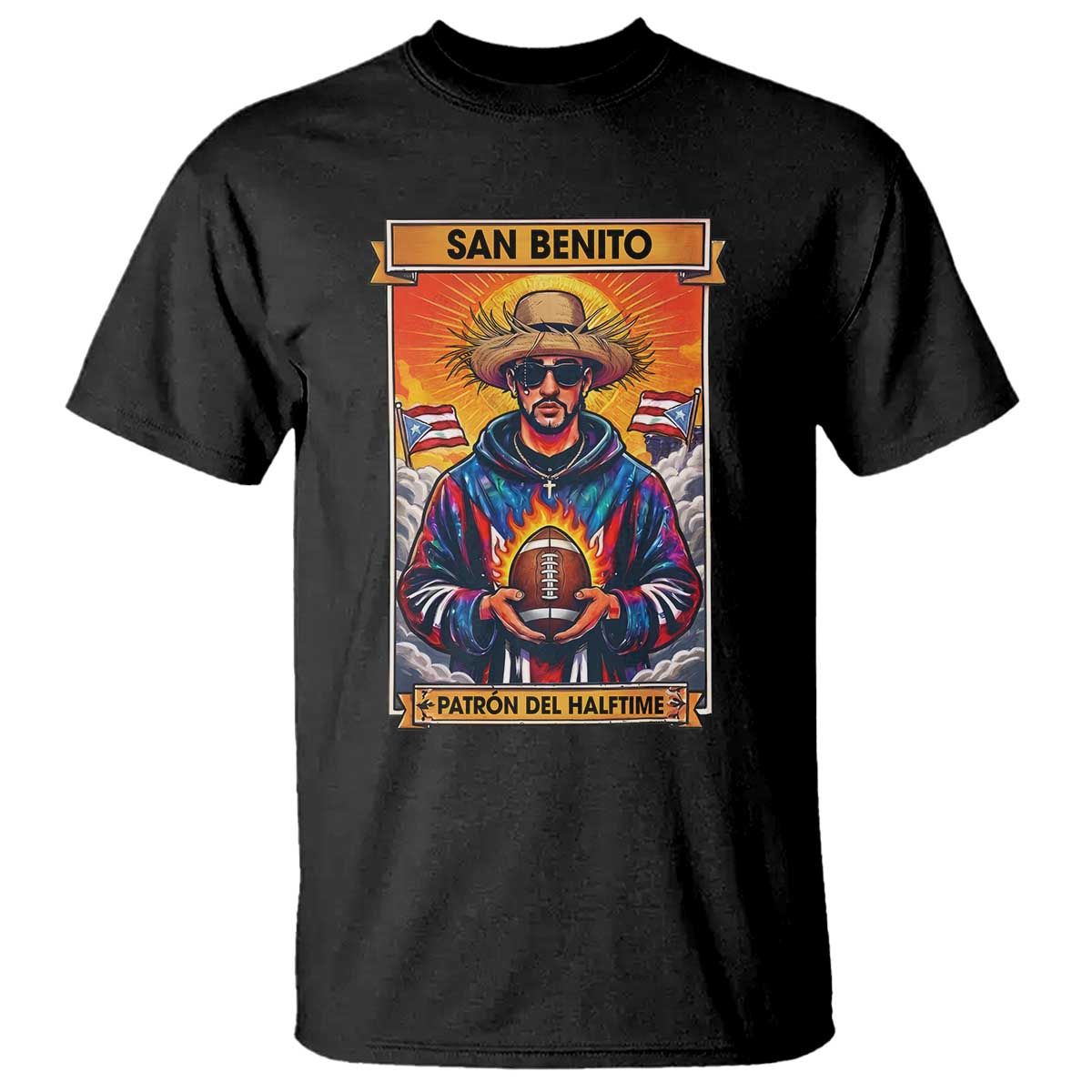Funny San Benito Patron del Halftime T Shirt Bowl 2026 Puerto Rican Football Music Fan