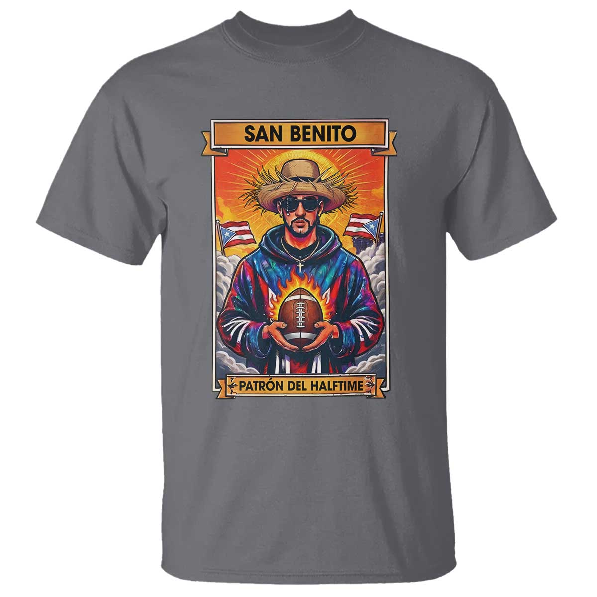 Funny San Benito Patron del Halftime T Shirt Bowl 2026 Puerto Rican Football Music Fan