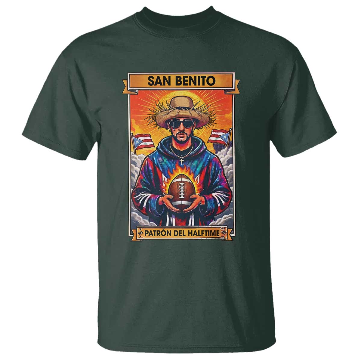 Funny San Benito Patron del Halftime T Shirt Bowl 2026 Puerto Rican Football Music Fan