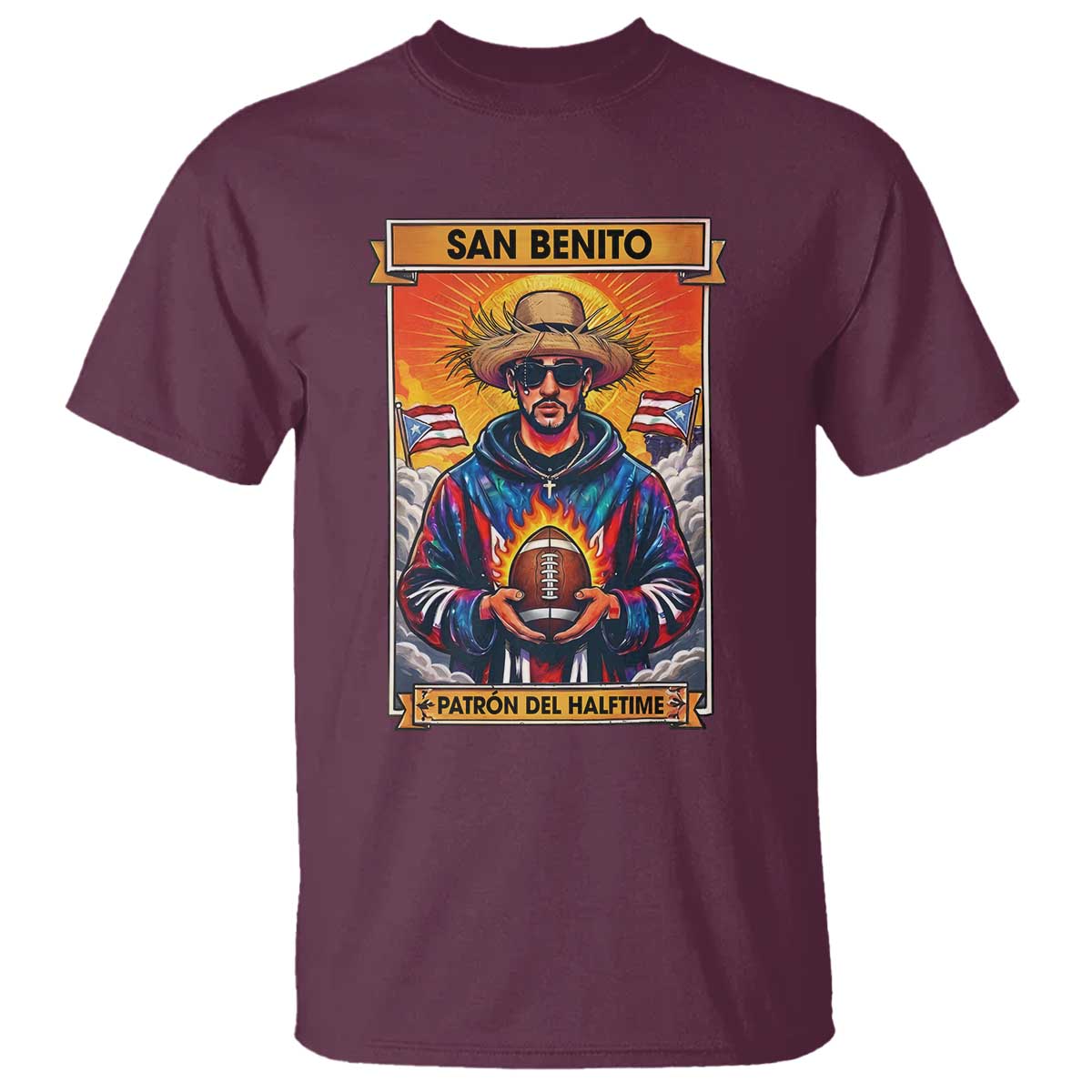 Funny San Benito Patron del Halftime T Shirt Bowl 2026 Puerto Rican Football Music Fan