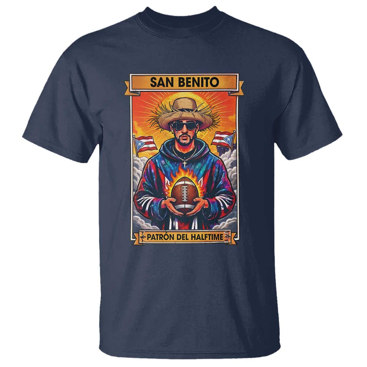 Funny San Benito Patron del Halftime T Shirt Bowl 2026 Puerto Rican Football Music Fan
