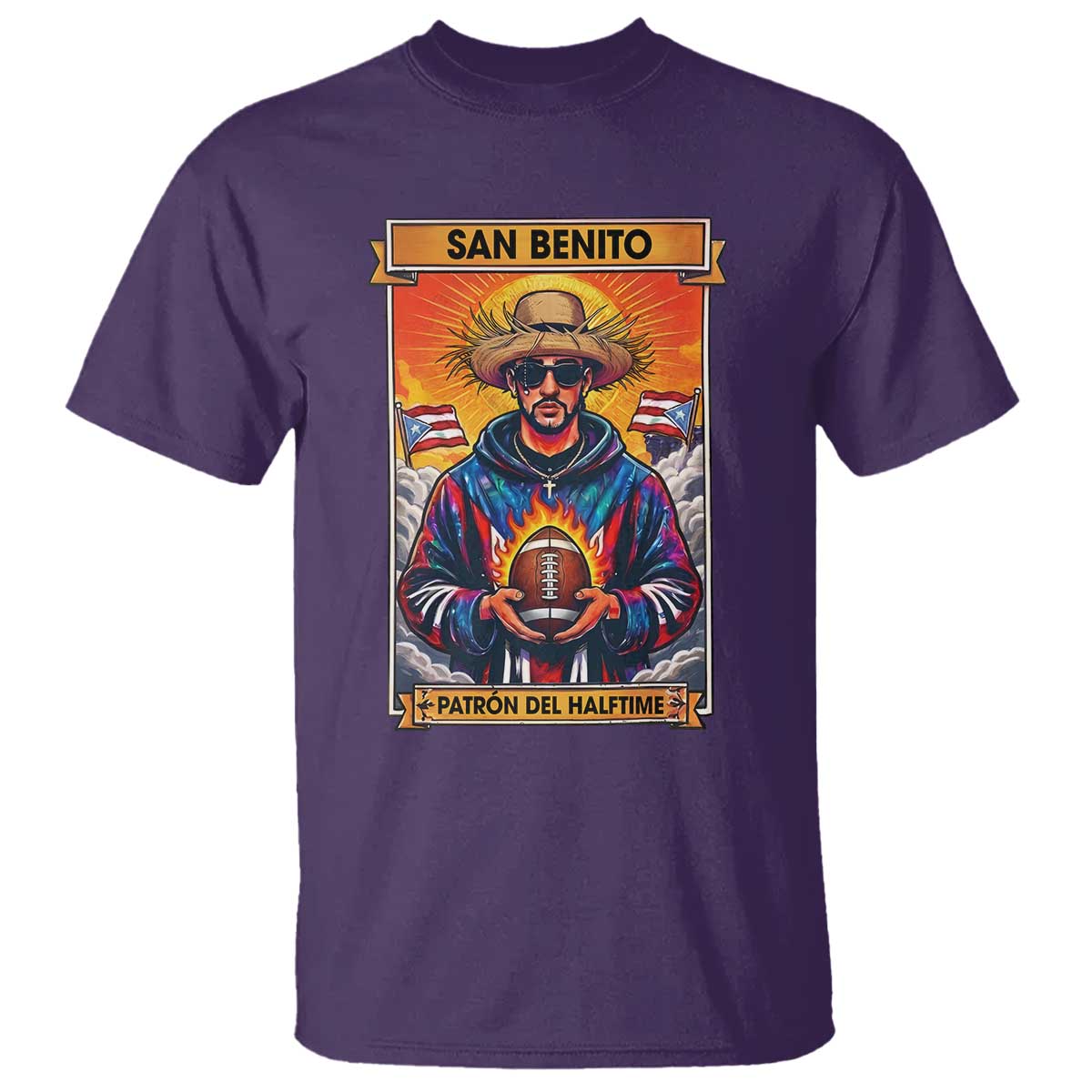 Funny San Benito Patron del Halftime T Shirt Bowl 2026 Puerto Rican Football Music Fan
