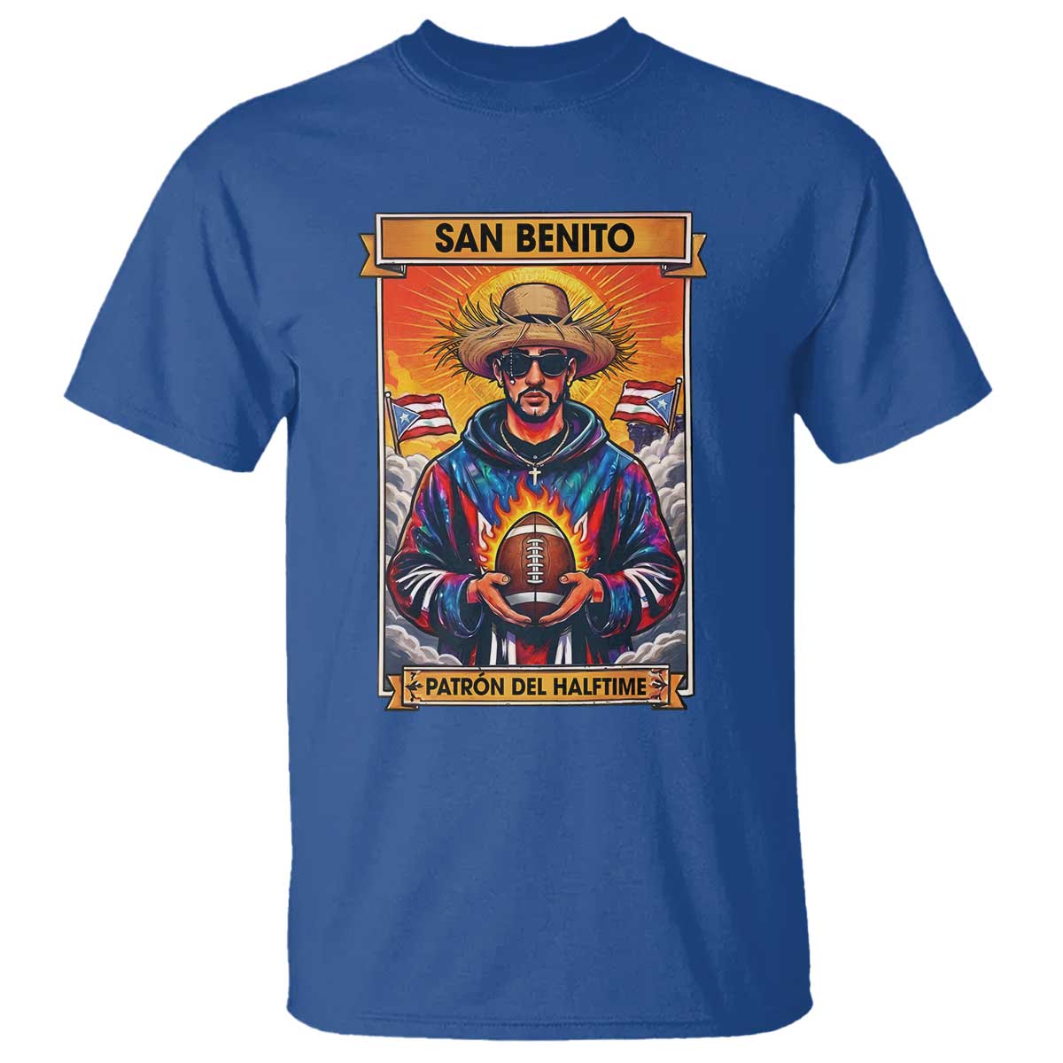 Funny San Benito Patron del Halftime T Shirt Bowl 2026 Puerto Rican Football Music Fan