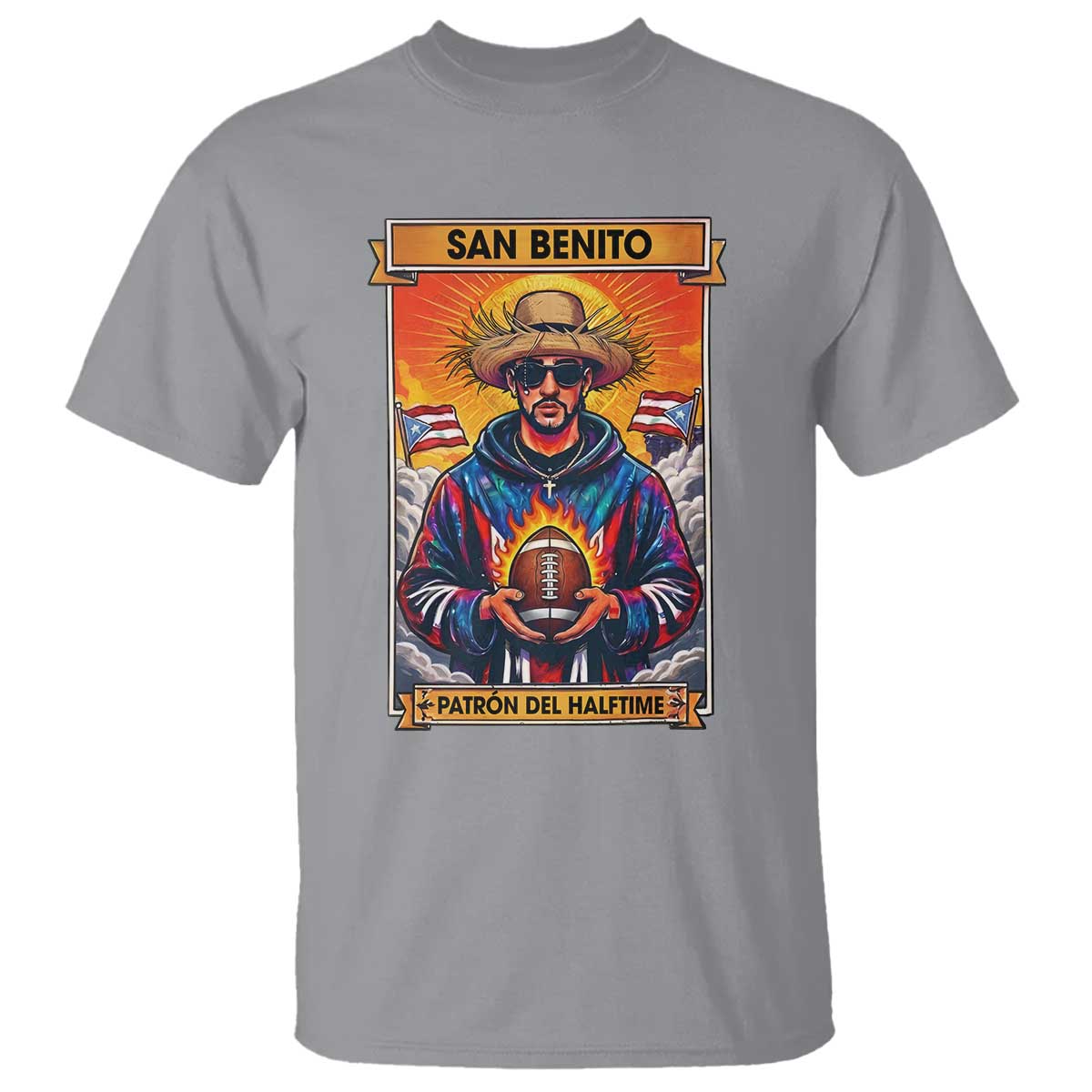 Funny San Benito Patron del Halftime T Shirt Bowl 2026 Puerto Rican Football Music Fan