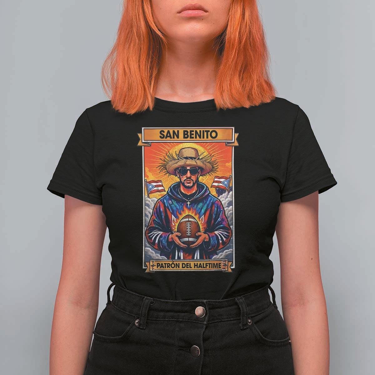 Funny San Benito Patron del Halftime T Shirt For Women Bowl 2026 Puerto Rican Football Music Fan