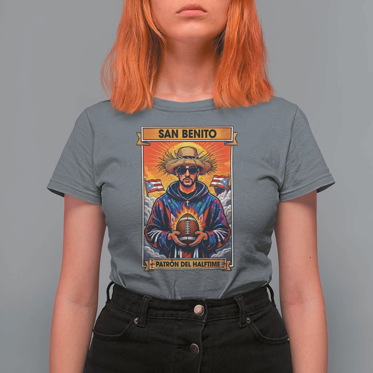 Funny San Benito Patron del Halftime T Shirt For Women Bowl 2026 Puerto Rican Football Music Fan