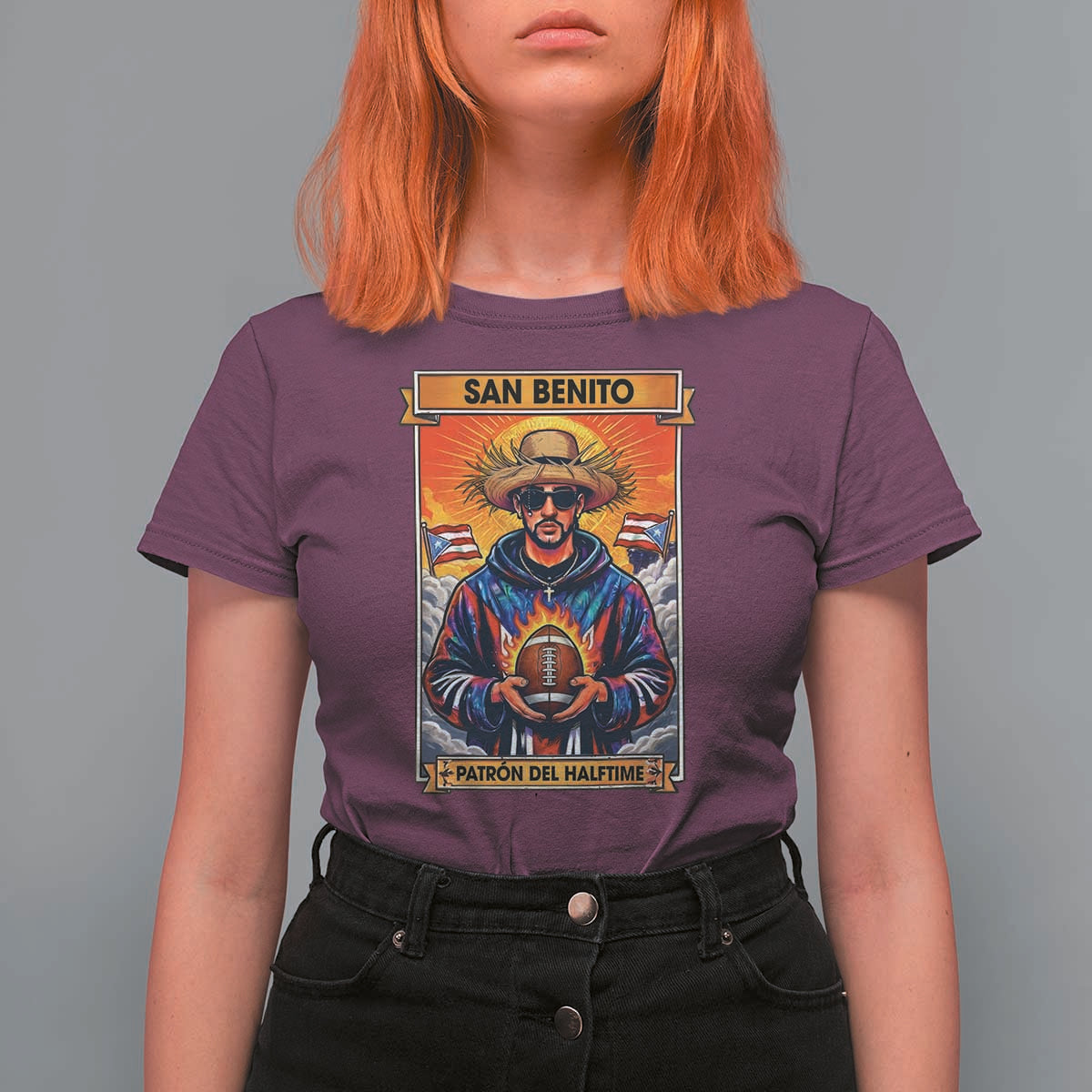 Funny San Benito Patron del Halftime T Shirt For Women Bowl 2026 Puerto Rican Football Music Fan