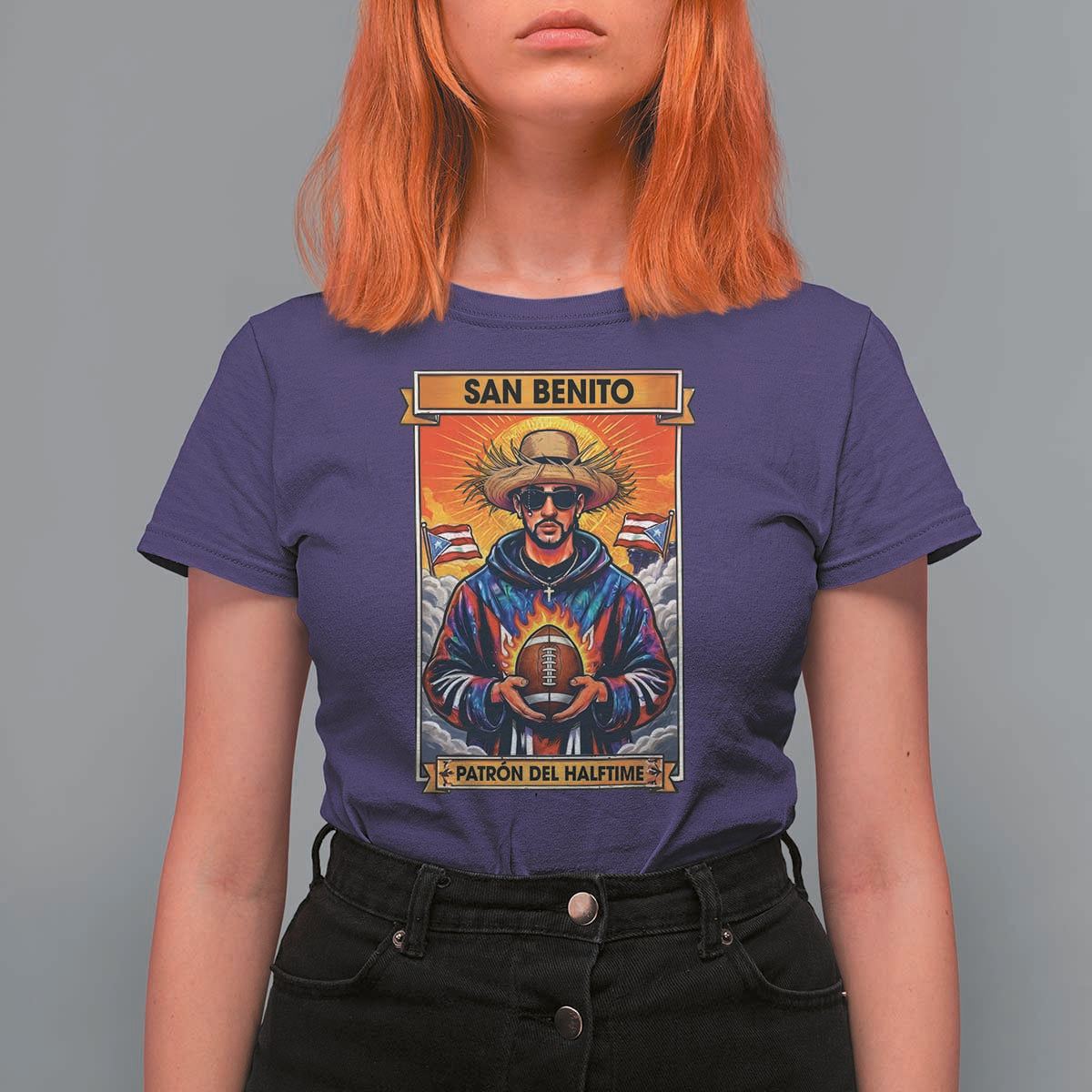 Funny San Benito Patron del Halftime T Shirt For Women Bowl 2026 Puerto Rican Football Music Fan