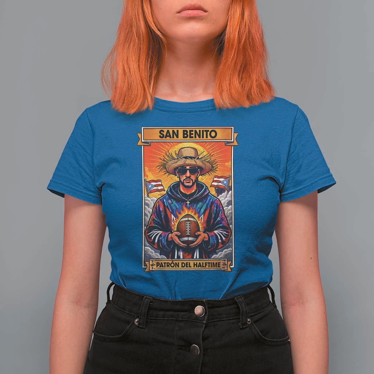 Funny San Benito Patron del Halftime T Shirt For Women Bowl 2026 Puerto Rican Football Music Fan