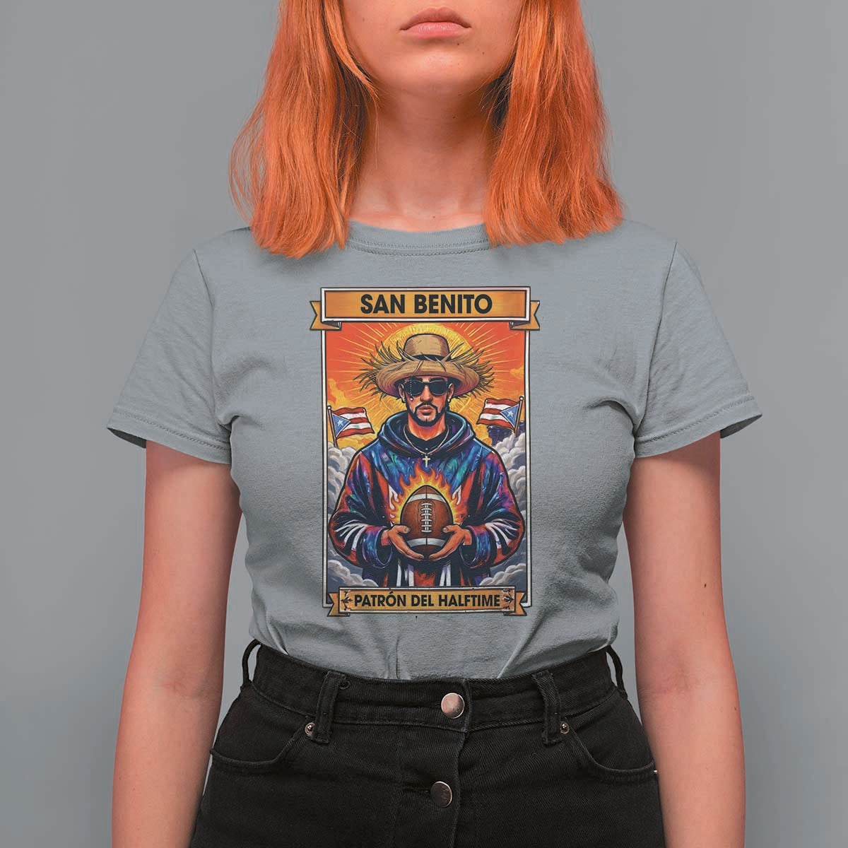 Funny San Benito Patron del Halftime T Shirt For Women Bowl 2026 Puerto Rican Football Music Fan