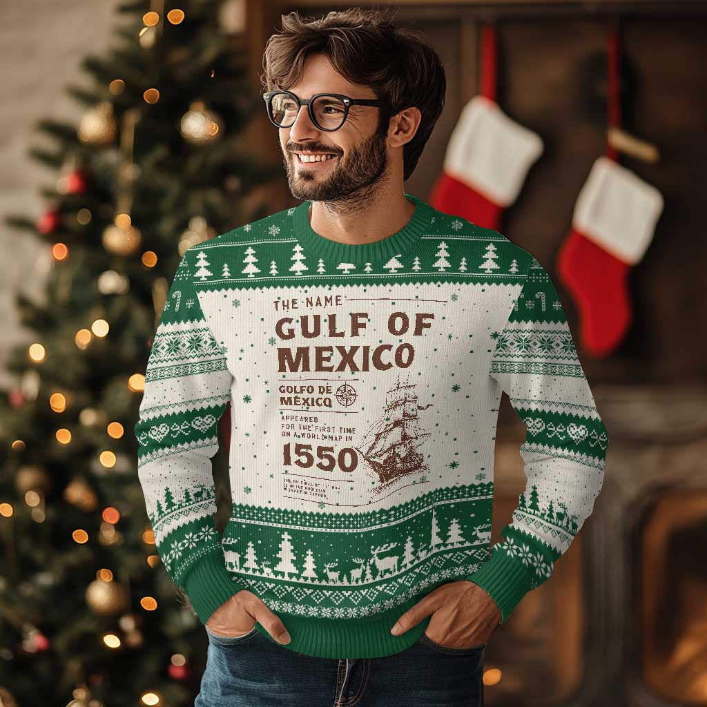 Gulf of Mexico Name Origin 1550 Ugly Christmas Sweater Sailing Ship Retro Vintage - Wonder Print Shop